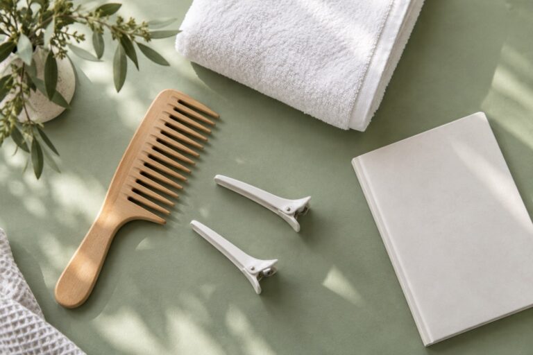A comb, sectioning clips and towel arranged for hair care.