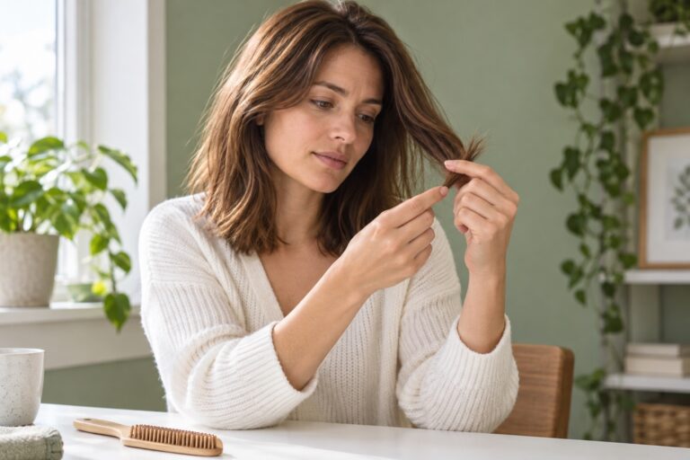 A woman examining the ends of her hair in natural light.
