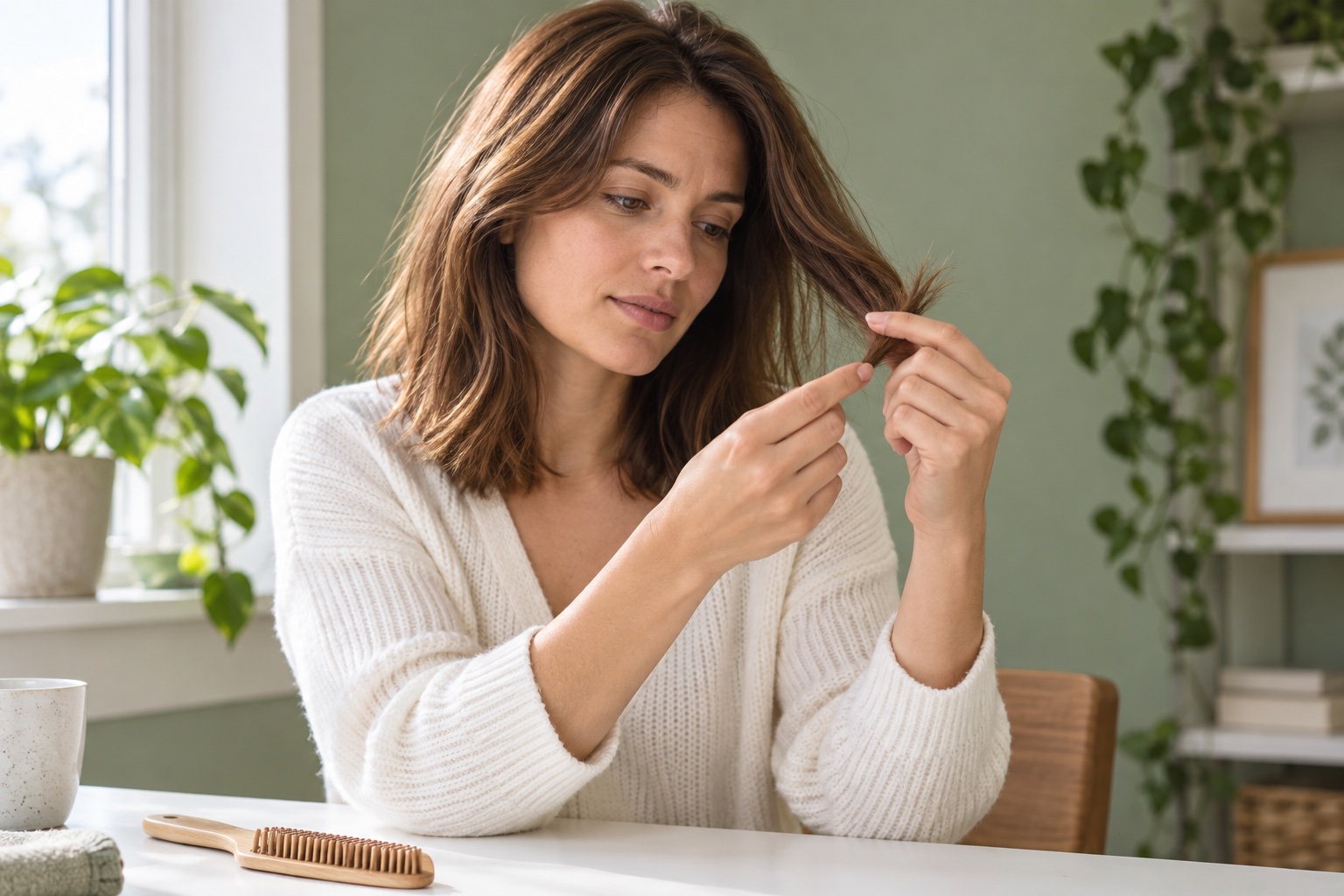 A woman examining the ends of her hair in natural light.