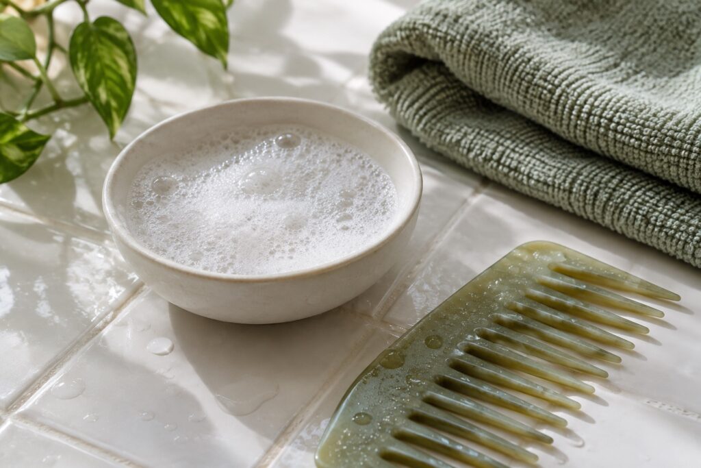 Shampoo lather, a wide-tooth comb and a folded sage towel.
