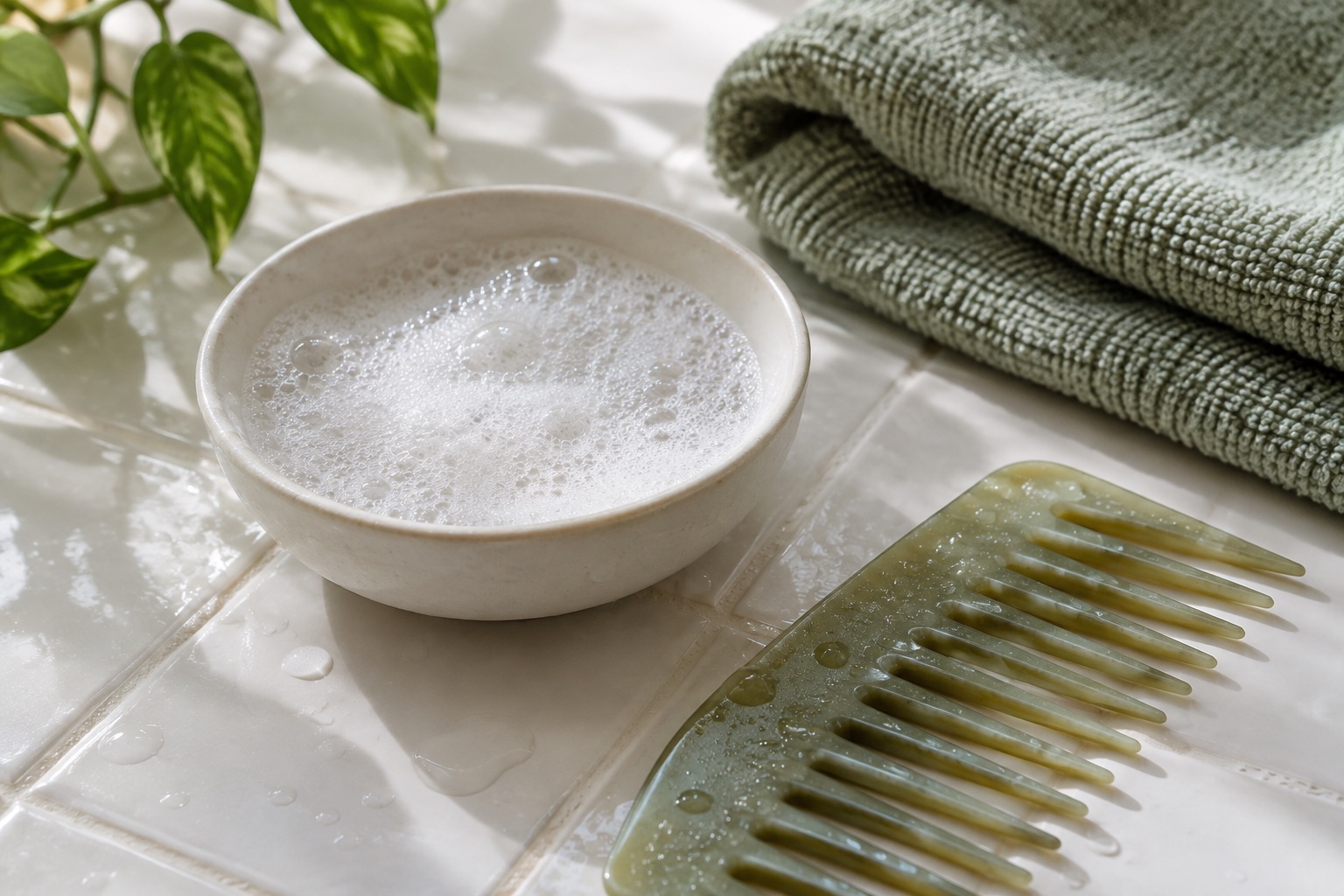 Shampoo lather, a wide-tooth comb and a folded sage towel.