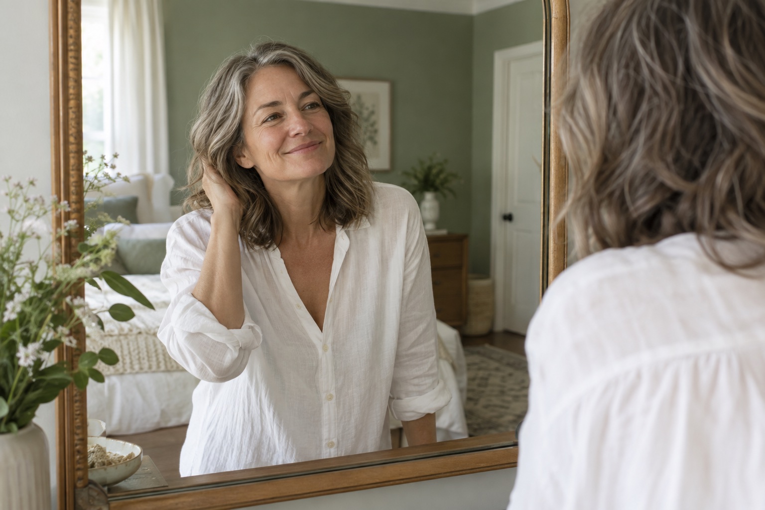 A woman smiling at her reflection during a hair-care ritual.