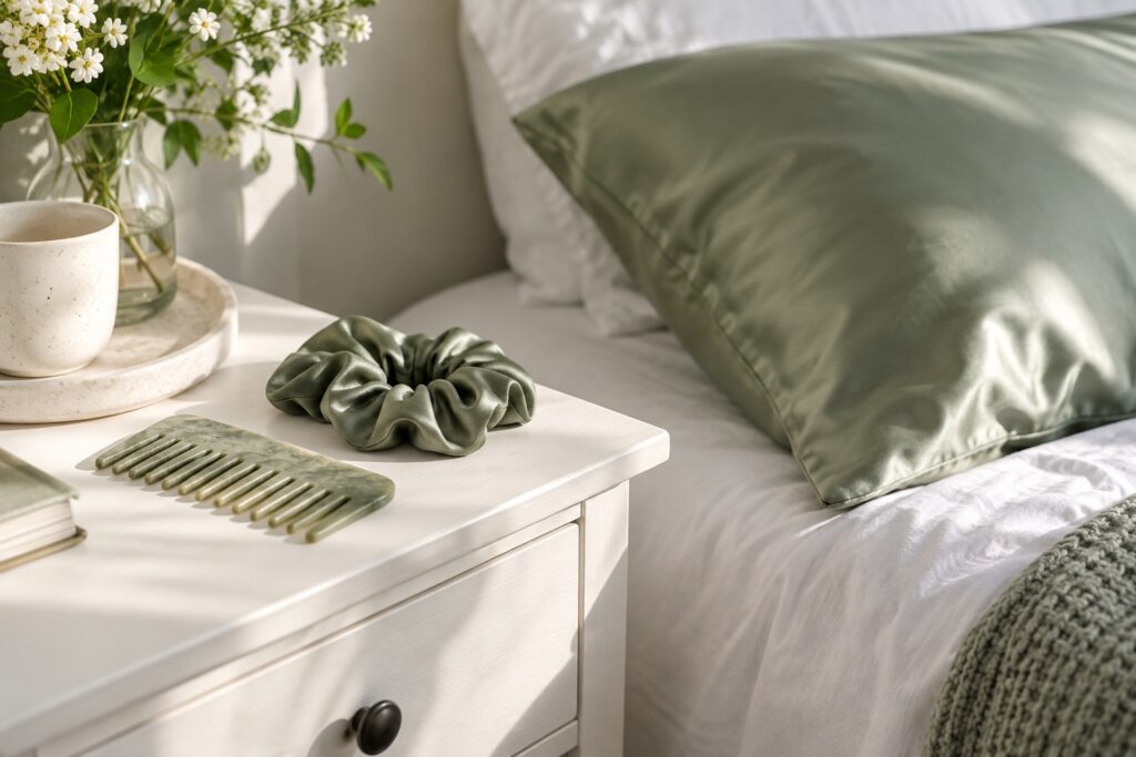 A satin pillowcase, scrunchie and comb beside a bed.