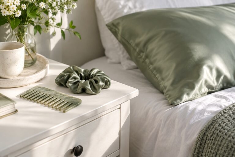 A satin pillowcase, scrunchie and comb beside a bed.