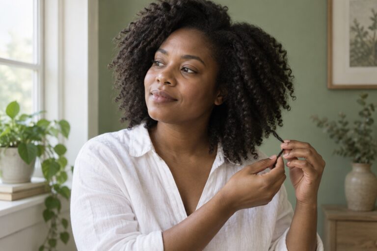 A woman gently separating a natural curl.