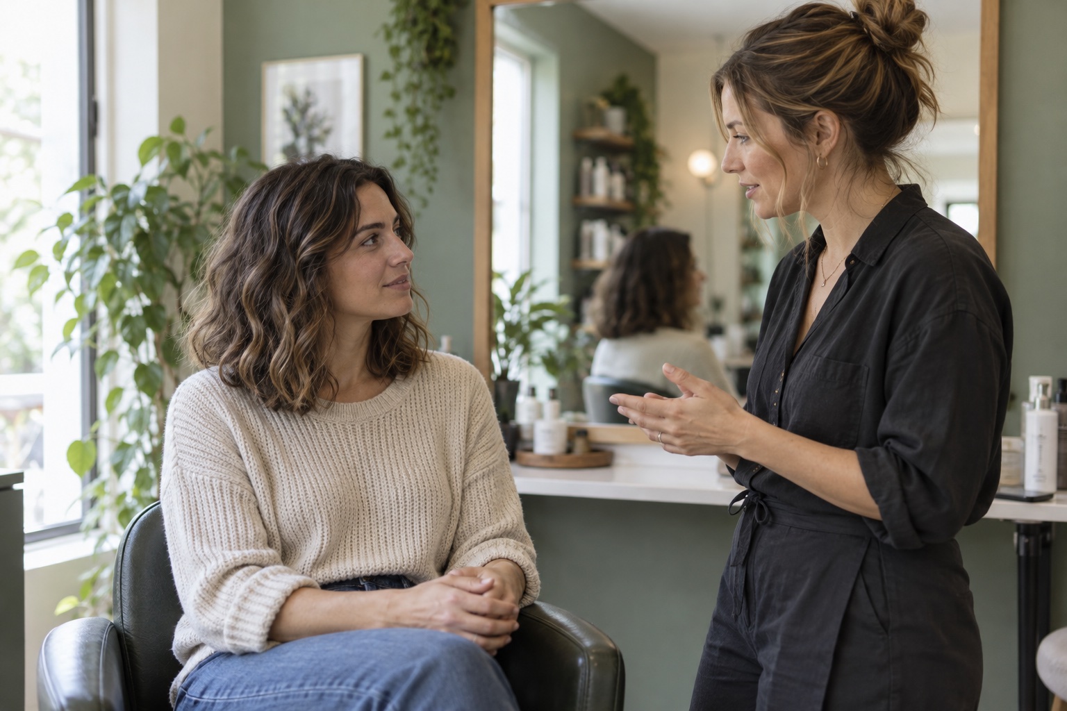 A stylist and client discussing hair care in a salon.