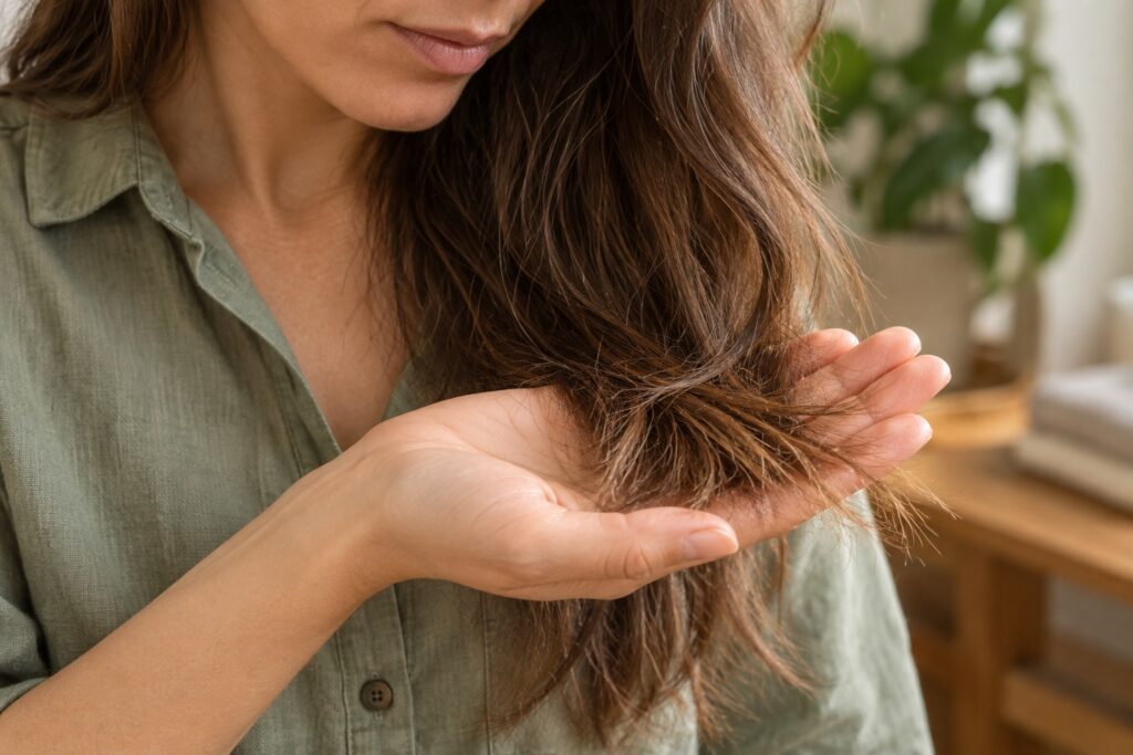 Close-up of hair ends resting in a hand.