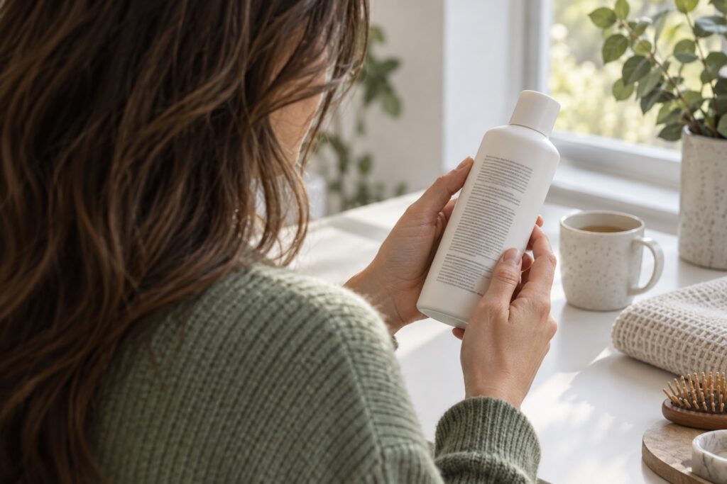 A woman reading the back label of a hair-care bottle.