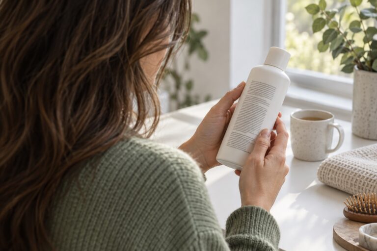 A woman reading the back label of a hair-care bottle.