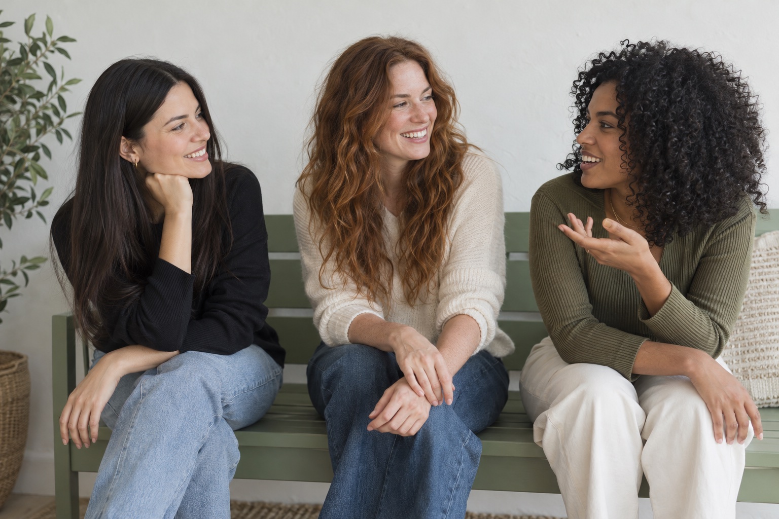 Three women with different hair textures talking together.