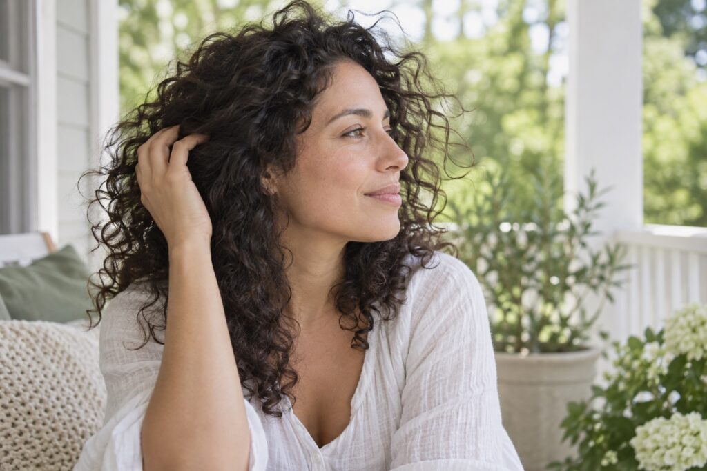 A woman with natural curls and soft flyaways outdoors.