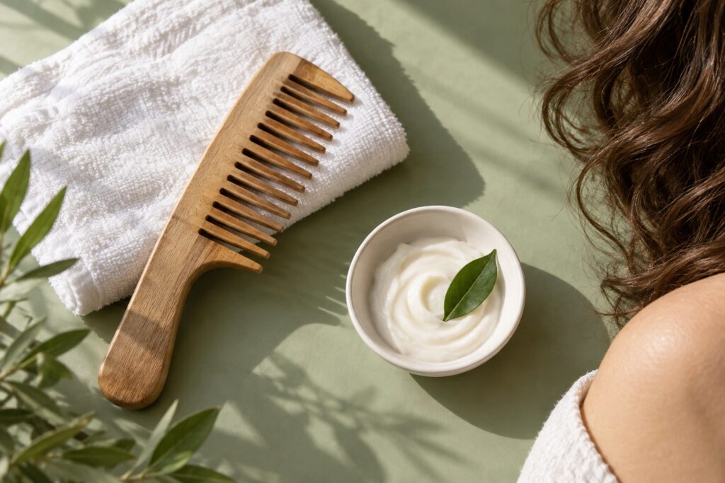 Hair-care essentials arranged on a pale surface.
