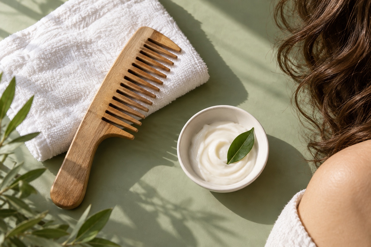 Hair-care essentials arranged on a pale surface.