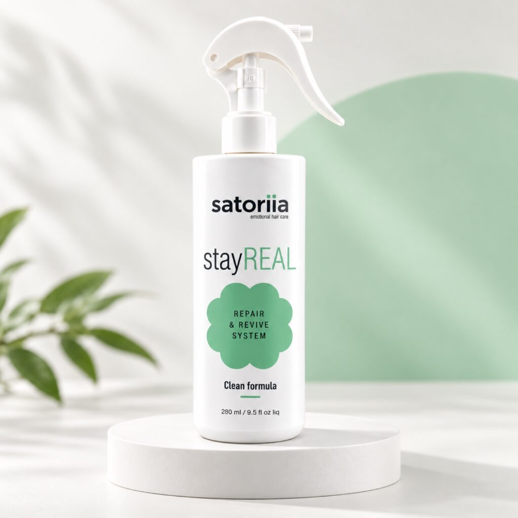Satoriia stayREAL in current English packaging — studio product display.