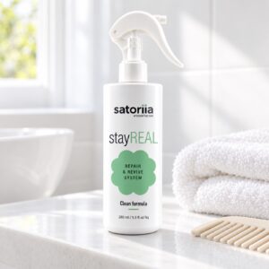 Satoriia stayREAL in current English packaging — bathroom product setting.