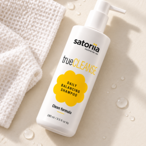 Satoriia truecleanse current packaging in an overhead flat-lay.