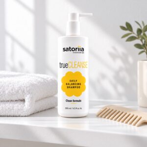 Satoriia trueCLEANSE in current English packaging — bathroom product setting.